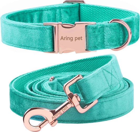 Velvet Pet Collar and Leash Set, Size m, Lake Green