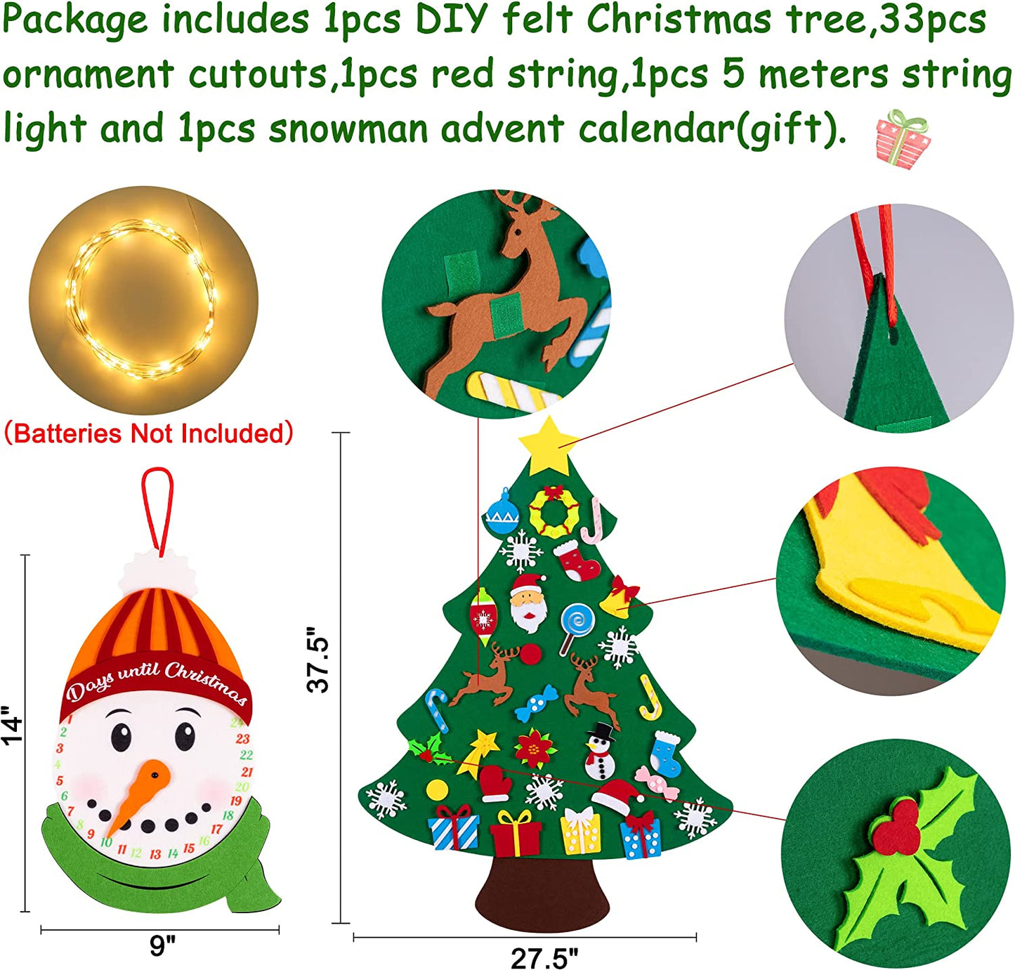 3 Foot Lighted Felt Christmas Tree Set - 33 Ornaments