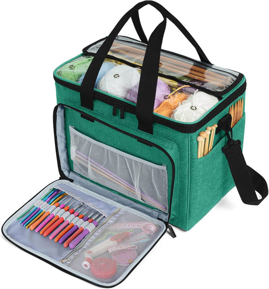 Knitting bag, yarn organizer with interior divider, green