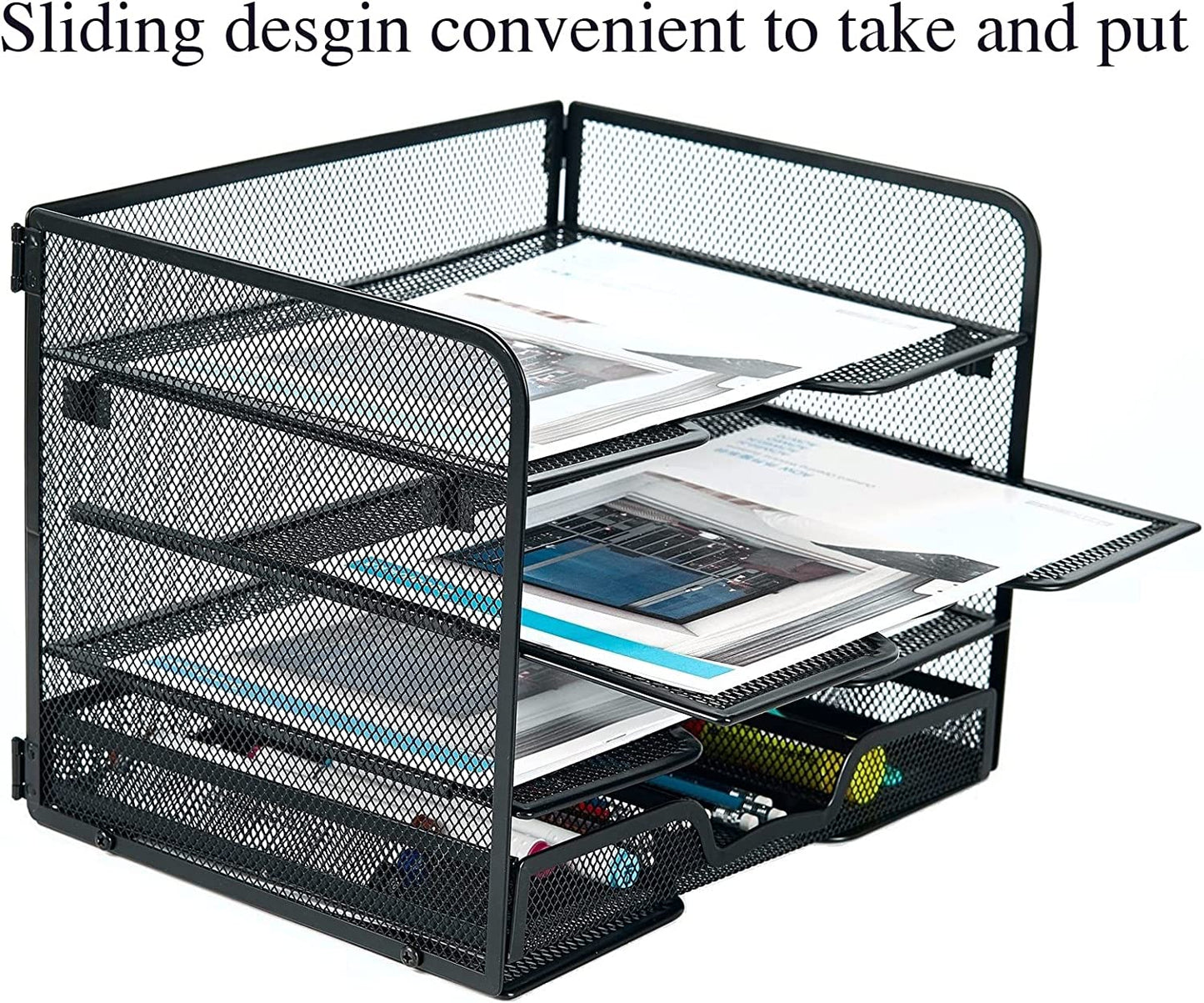 Tiered Mesh Tray Desktop File Organizer, (Color: Black)