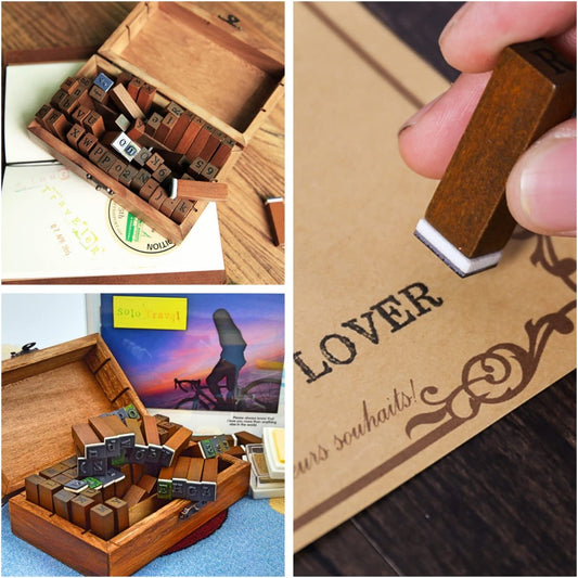 wooden stamps with numbers and symbols, Vintage style, kit 70 pcs