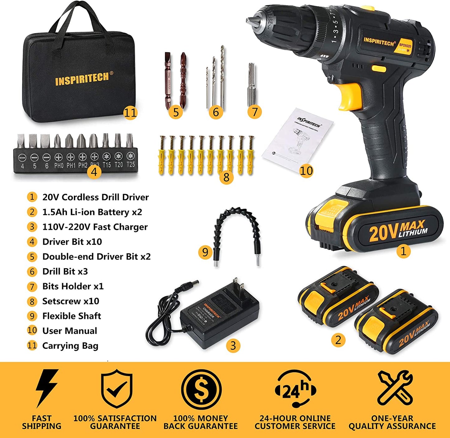 20V Cordless Drill (3/8") with 2 Batteries and Charger