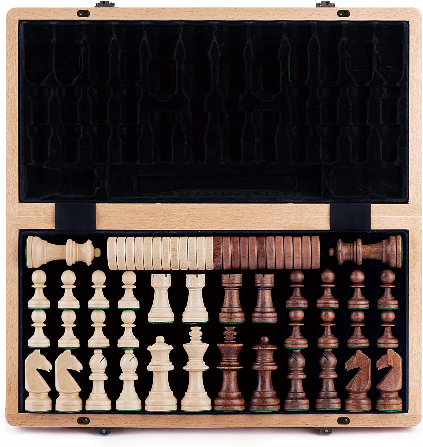 15" Wooden Folding Chess Set - Maple & Walnut Inlaid Box