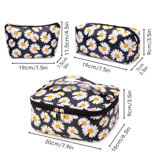 3-Piece Portable Makeup Bag, Waterproof Flower, Black