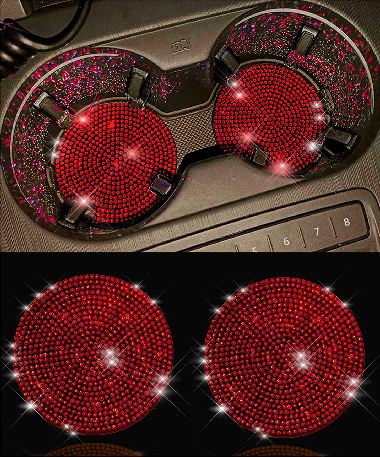 2 x Rhinestone Car Coasters (Red)