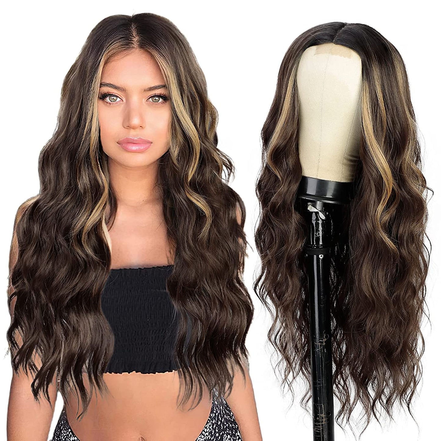 Long Wavy Middle Part Wig, (Blonde Brown Mixed, 24 Inches)