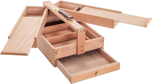 Large multi-function wooden storage box for artist tools.