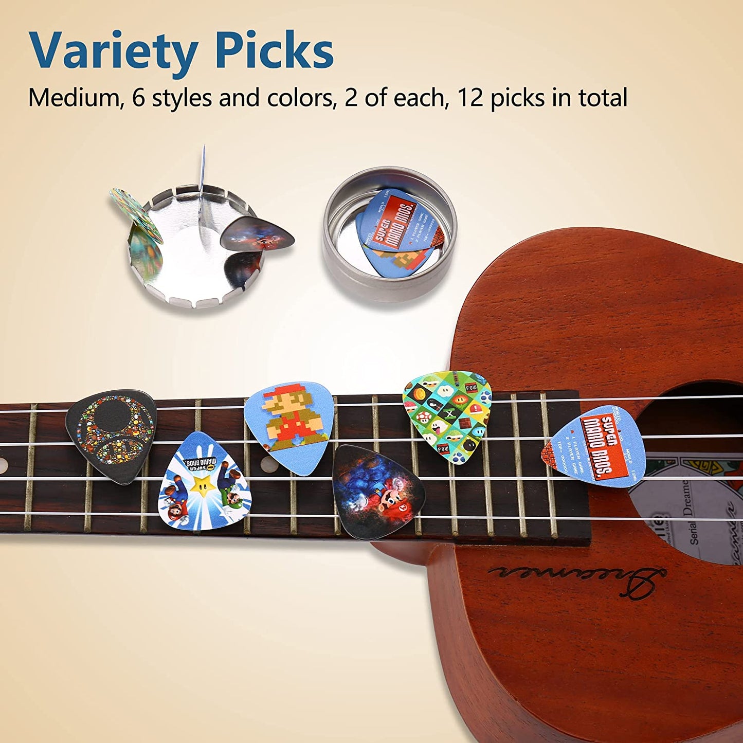 Guitar Picks for Acoustic Electric Bass, 12 Pieces (Mario Bros)