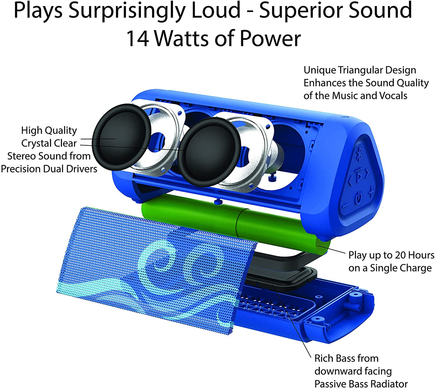 Waterproof speaker, 14 watts, color: Blue