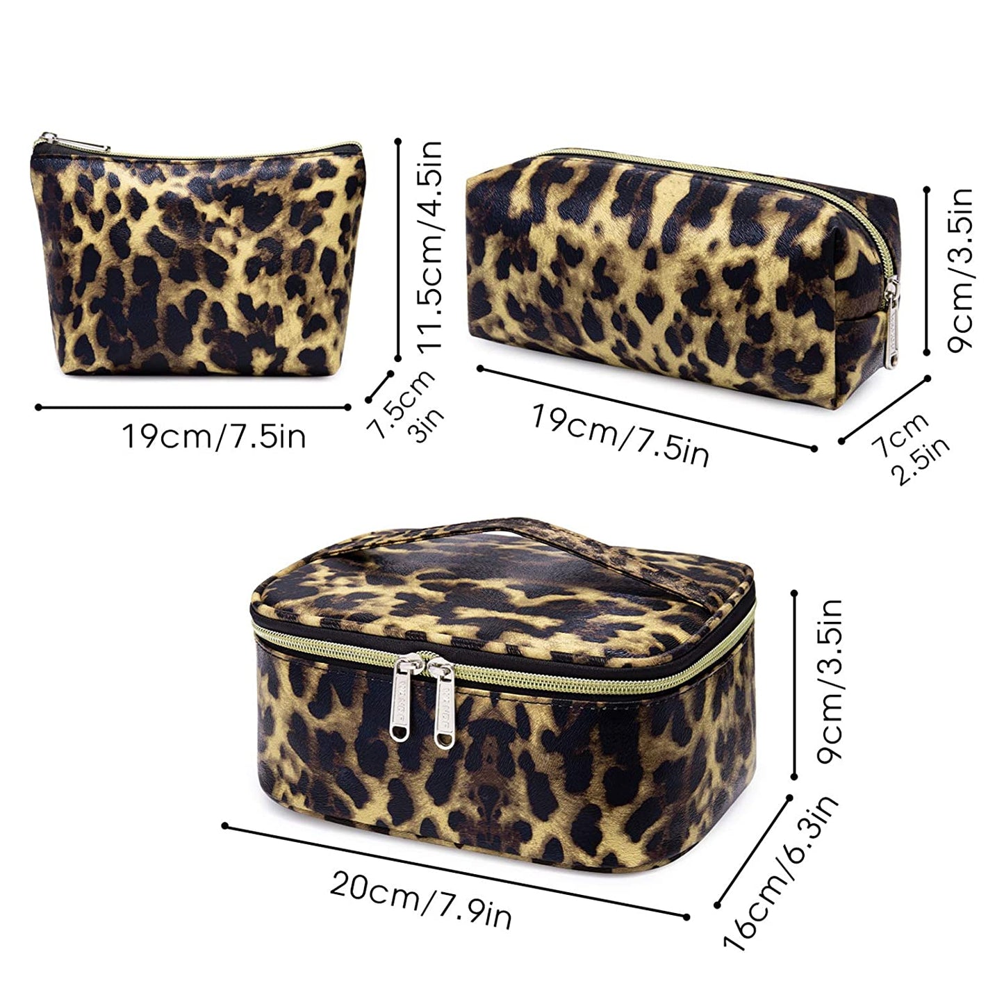 3 Piece Makeup Bag, Waterproof Organizer, Brown Leopard