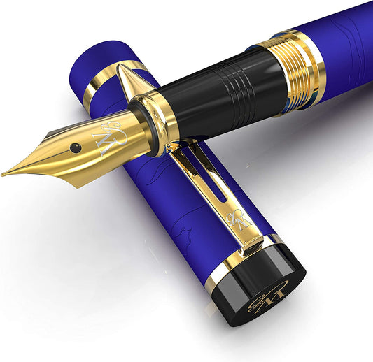 Fountain Pen Set [Blue Gold]; Medium Nib,e, 6 Ink Cartridges