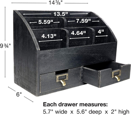 Black Wood Office Desk Organizer - Includes 6 Compartments