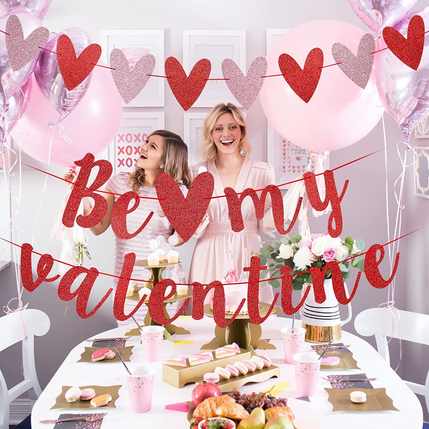 Be My Valentine Banner with Red Glitter and Heart Garland