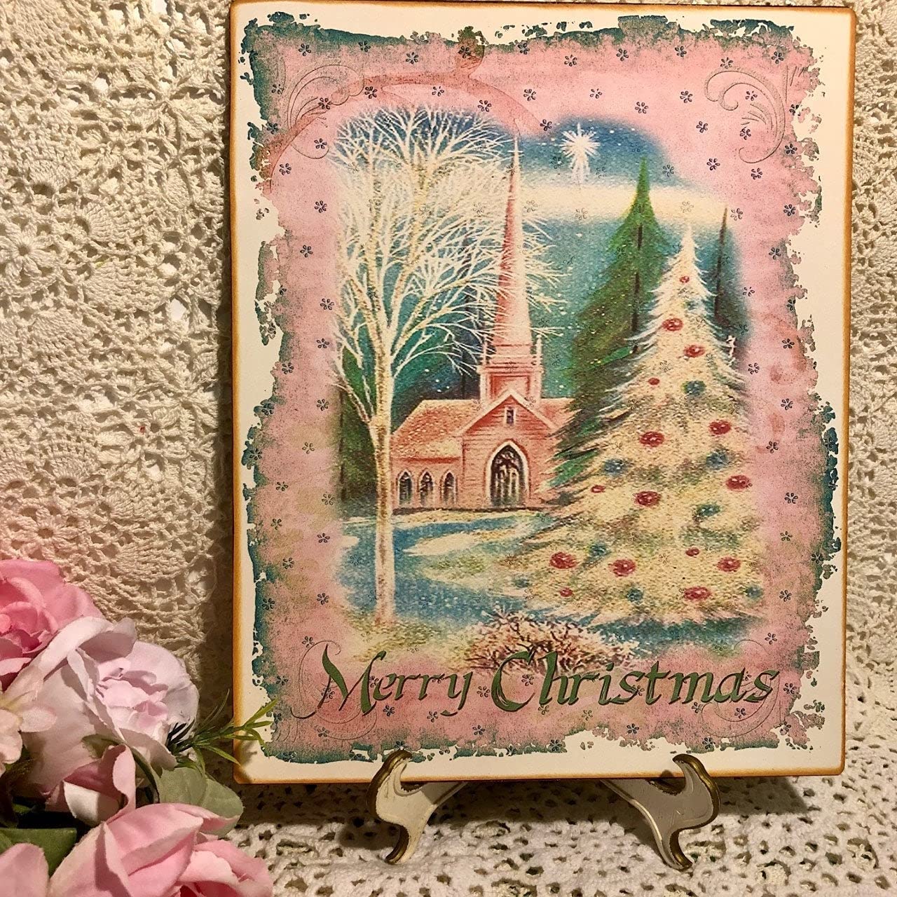 Vintage Merry Christmas Pink Metal Tin Sign, 8x12 Inch