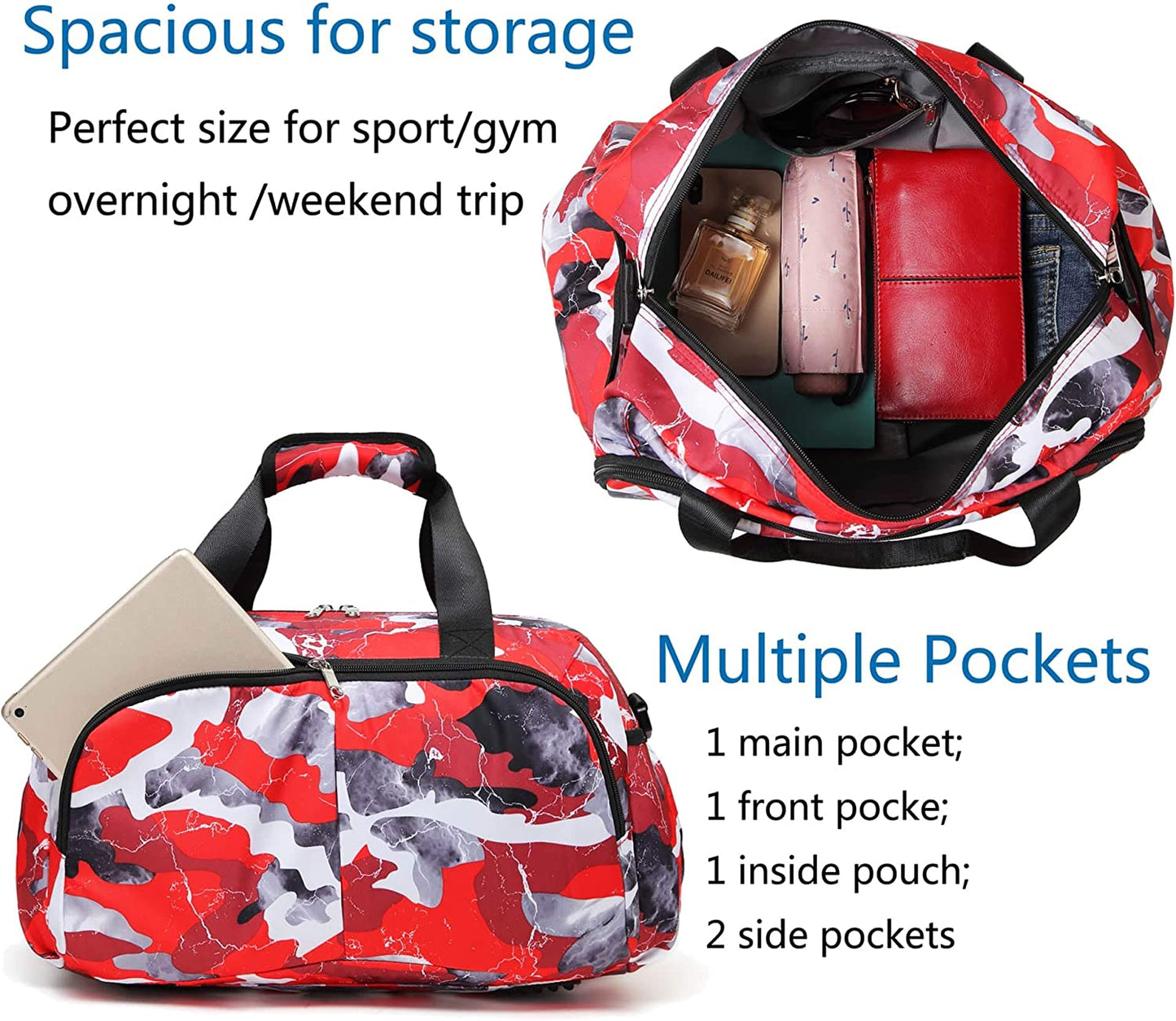 Traveler duffel bag, (16" L x 9.5" H x 8.5" W) Red camo