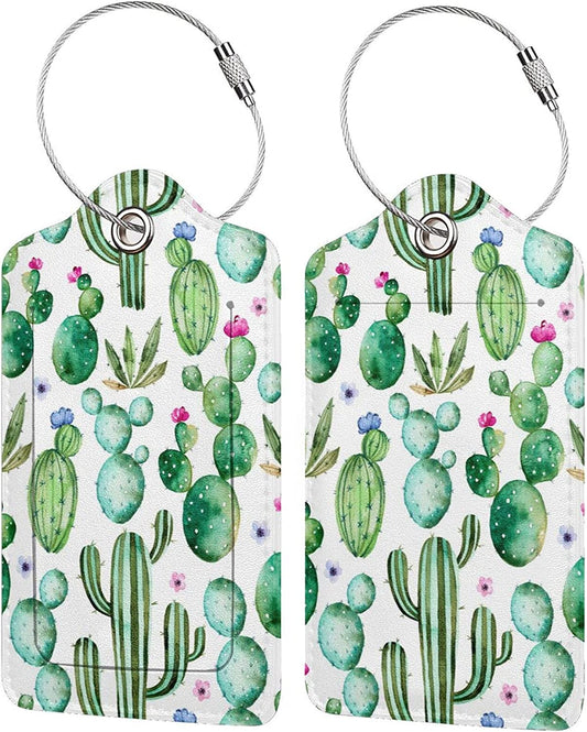 2 Pack Travel Luggage Tags with Stainless Steel Loop, Cactus-1