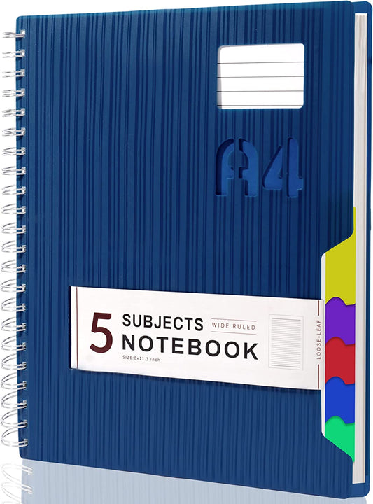 5 Subject Spiral Notebook, Ruled, 262 Pages, 8" x 11.3", Blue