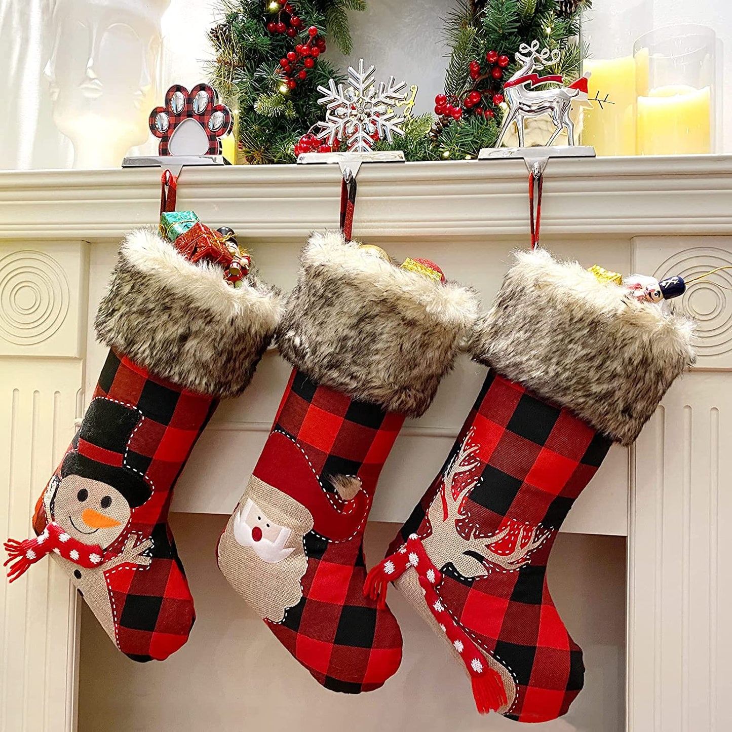 Set of 3 Red and Black Checkered Christmas Stockings 18"