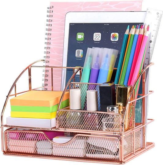 Multifunctional desk organizer, made of metal mesh.