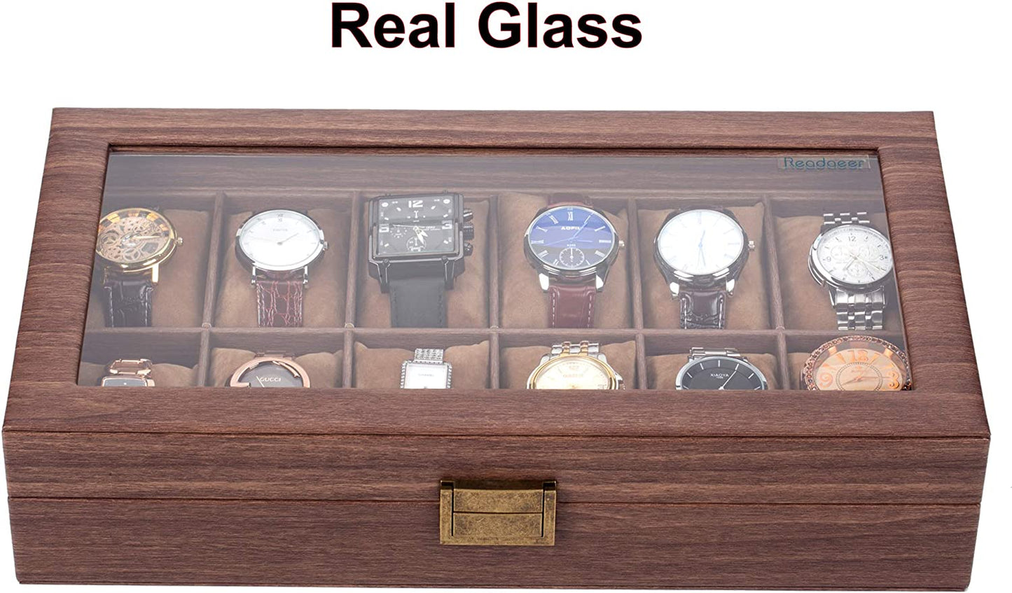 12 Slot Watch Organizer Box with Glass Lid, Brown