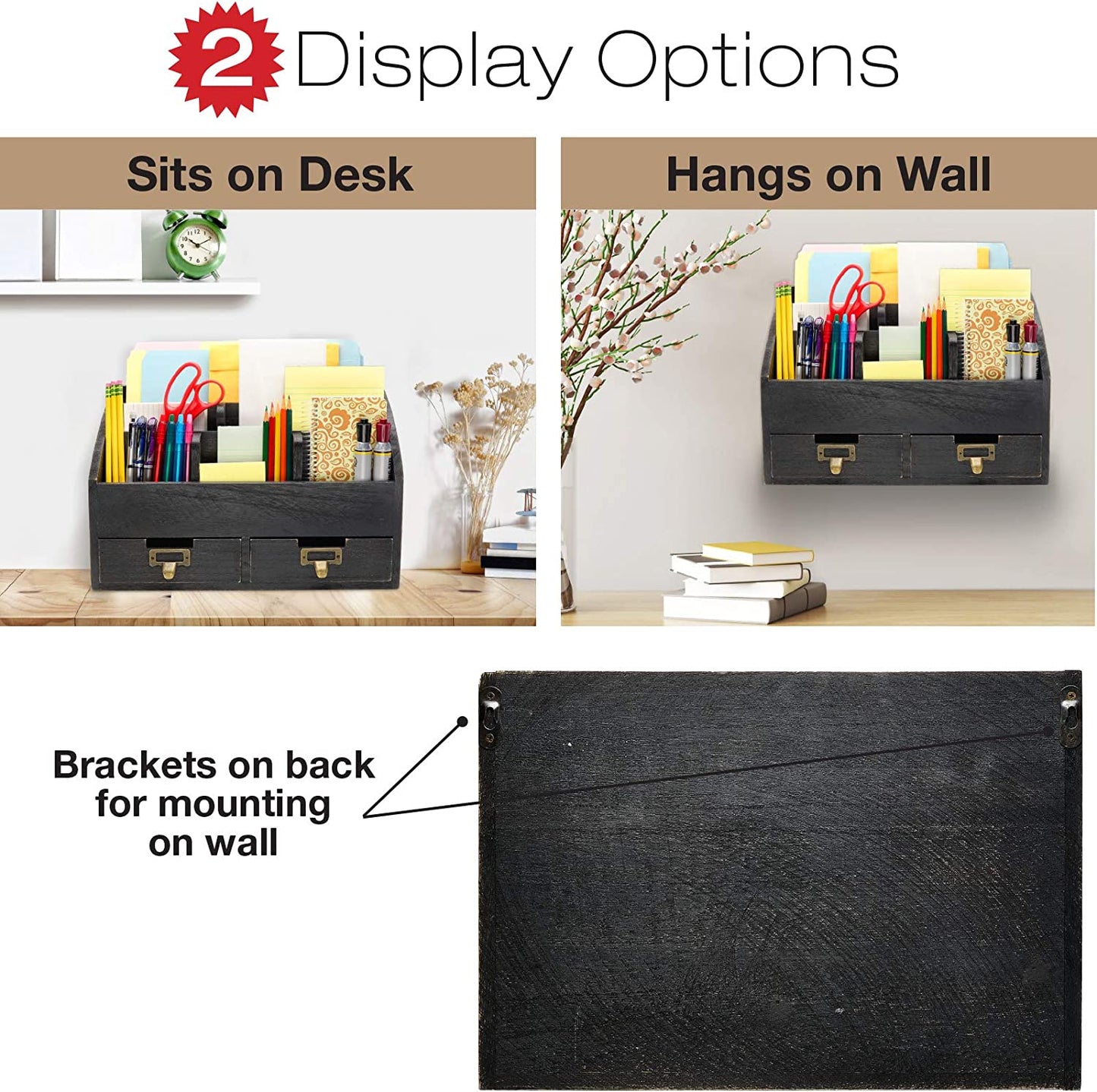 Black Wood Office Desk Organizer - Includes 6 Compartments