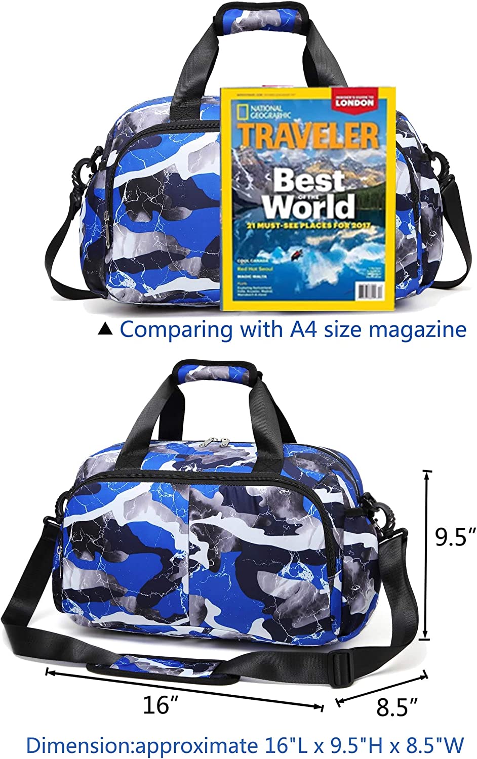 Traveler duffel bag, (16" L x 9.5" H x 8.5" W) Blue Camo