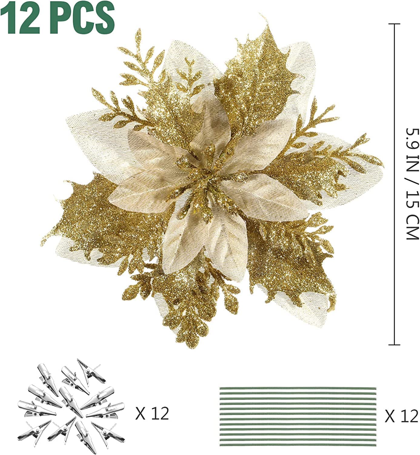 12 pcs 14 cm / 5.5 inches gold poinsettia Christmas flowers