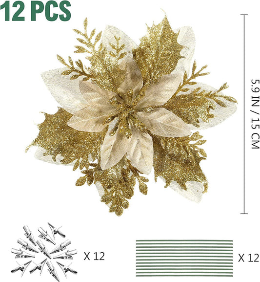 12 pcs 14 cm / 5.5 inches gold poinsettia Christmas flowers