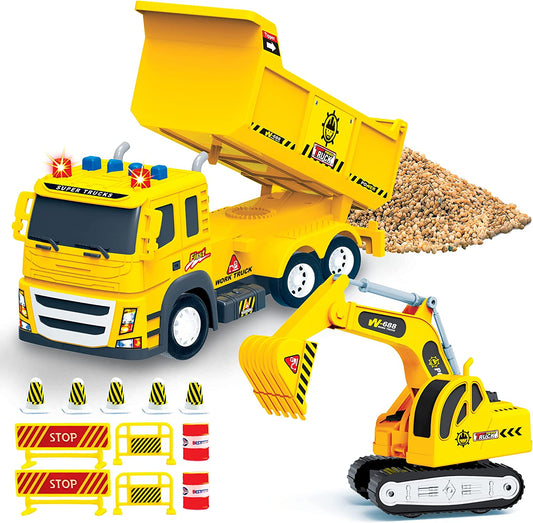 2-Pack Construction Toy Trucks, Dump Truck with Excavator Tractor