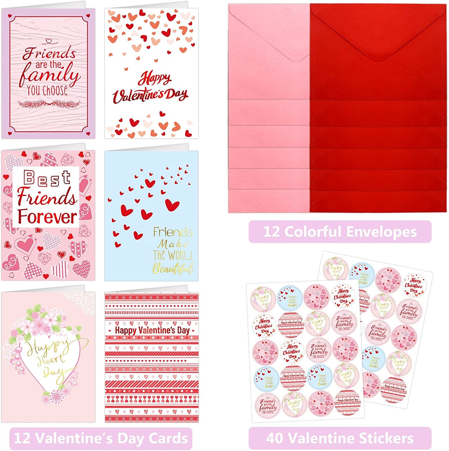 Valentine Cards with Envelopes - 12 Friends Cards