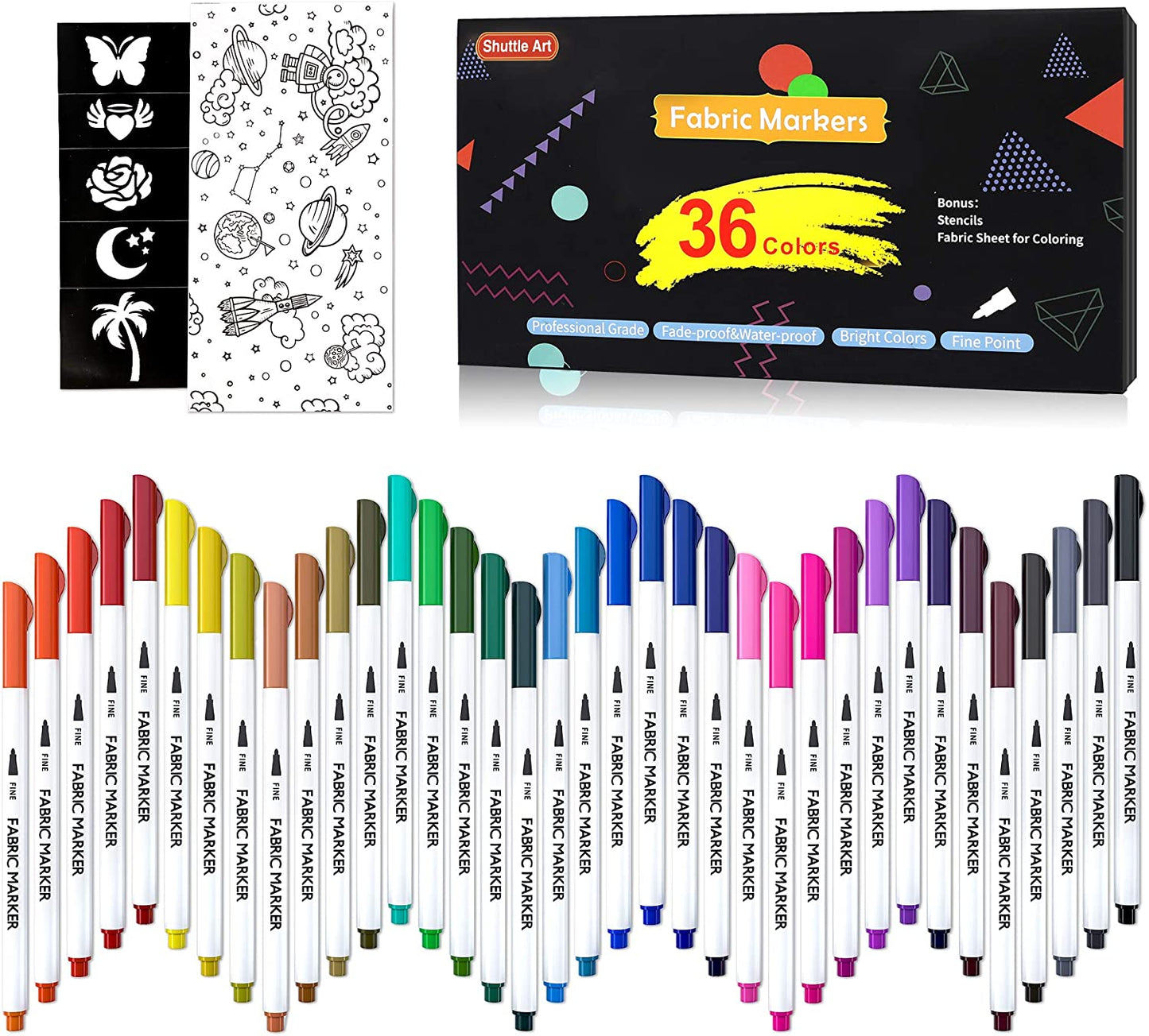 36 Colors Fabric Markers with 11 Stencils