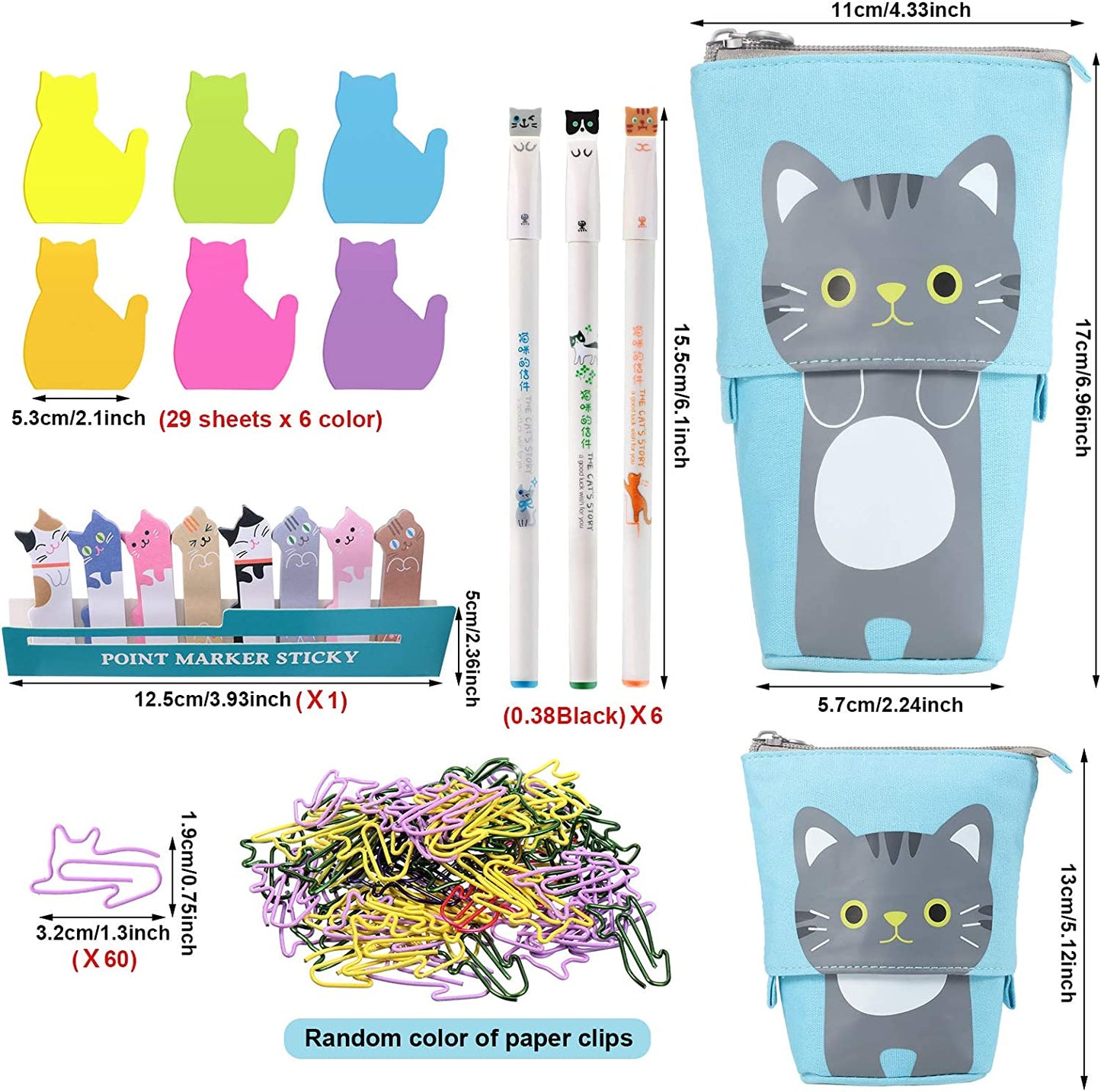 Office supplies kit (pencils, pens, clips) Cute Gray Cat