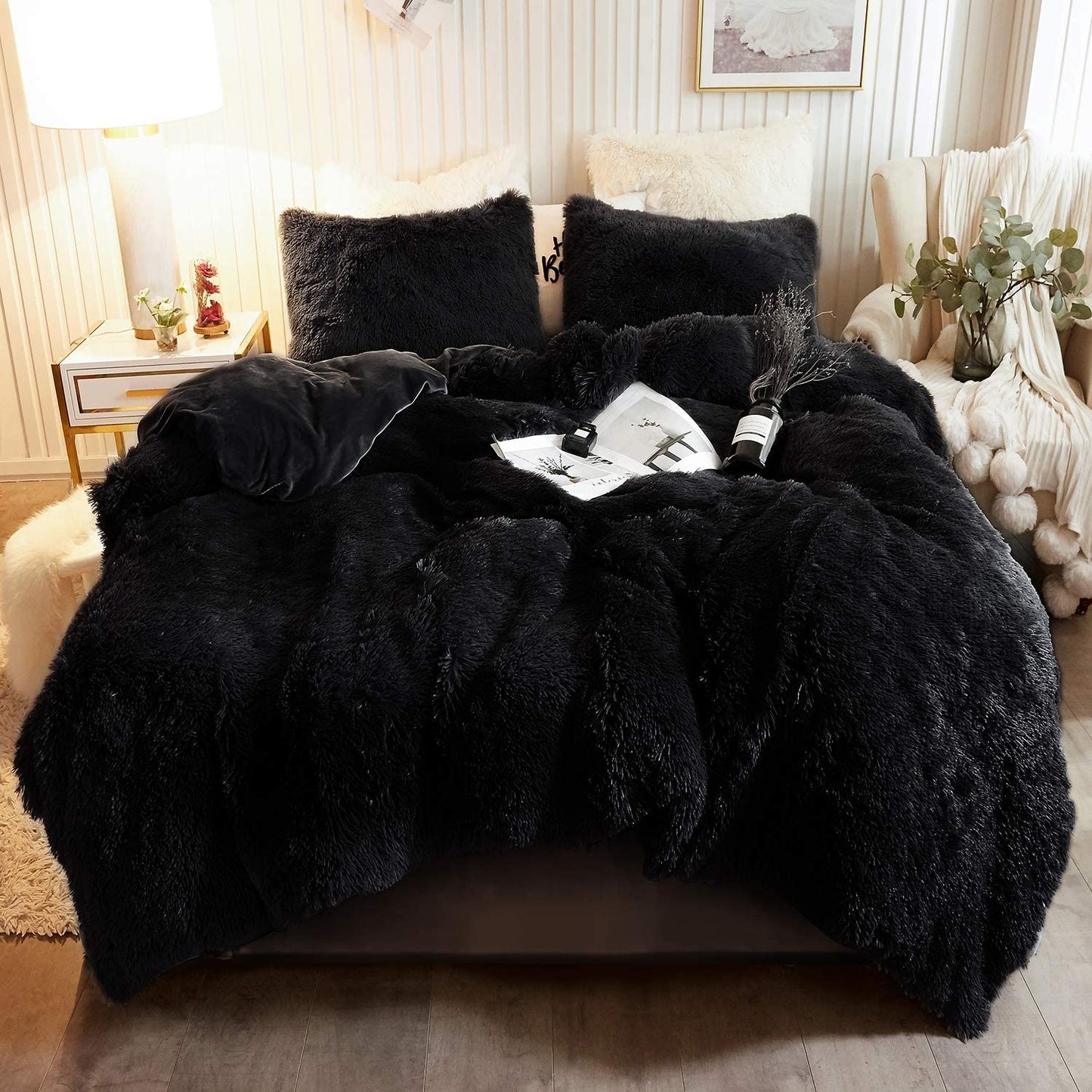 Furry Crystal Velvet 3 Piece Bedding Set (King, Black)