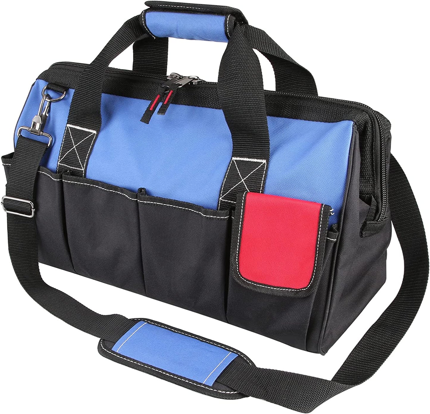 18" wide mouth tool bag with 14 pockets, blue-black