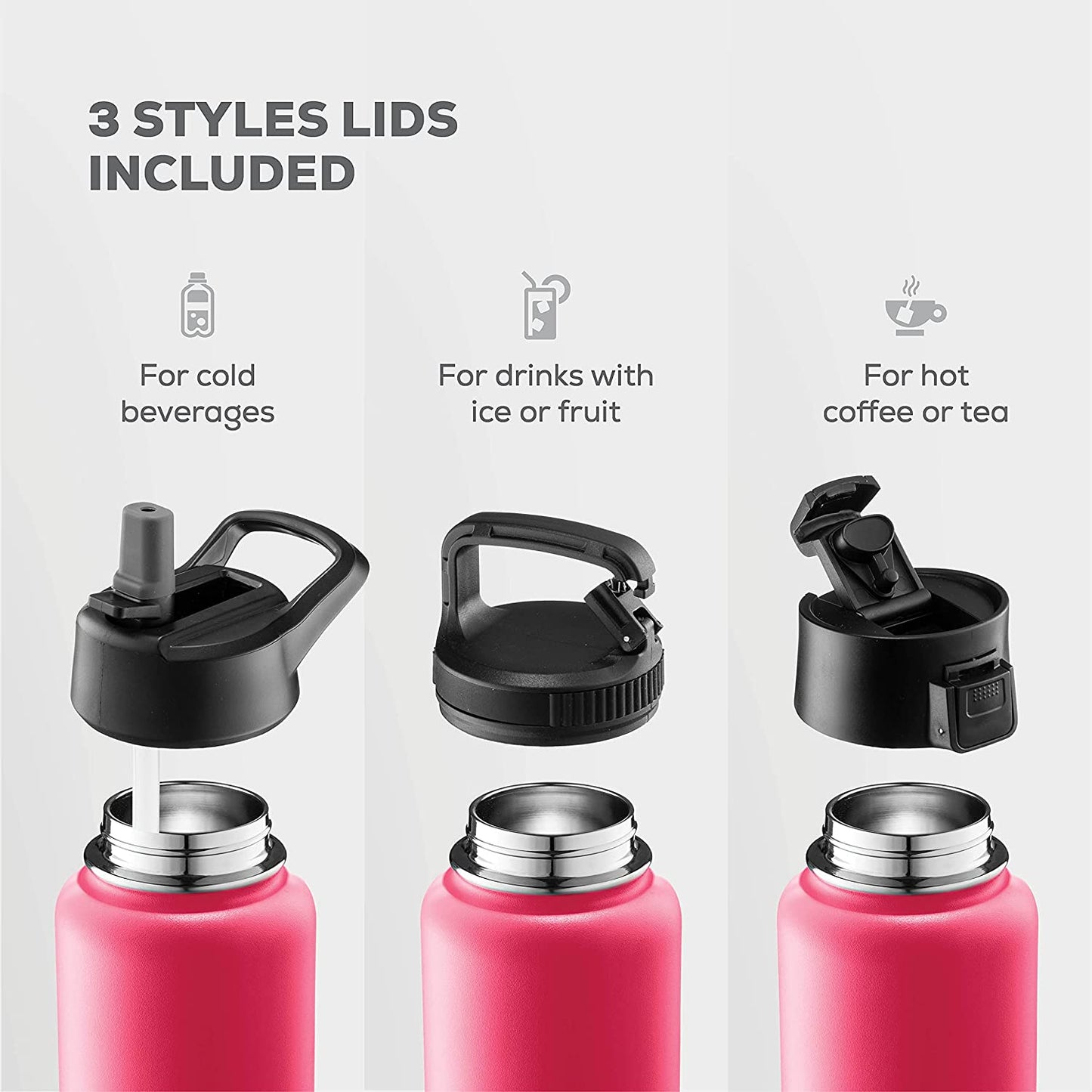 Insulated Water Bottle, 3 Lids - Striking French Rose (32oz)