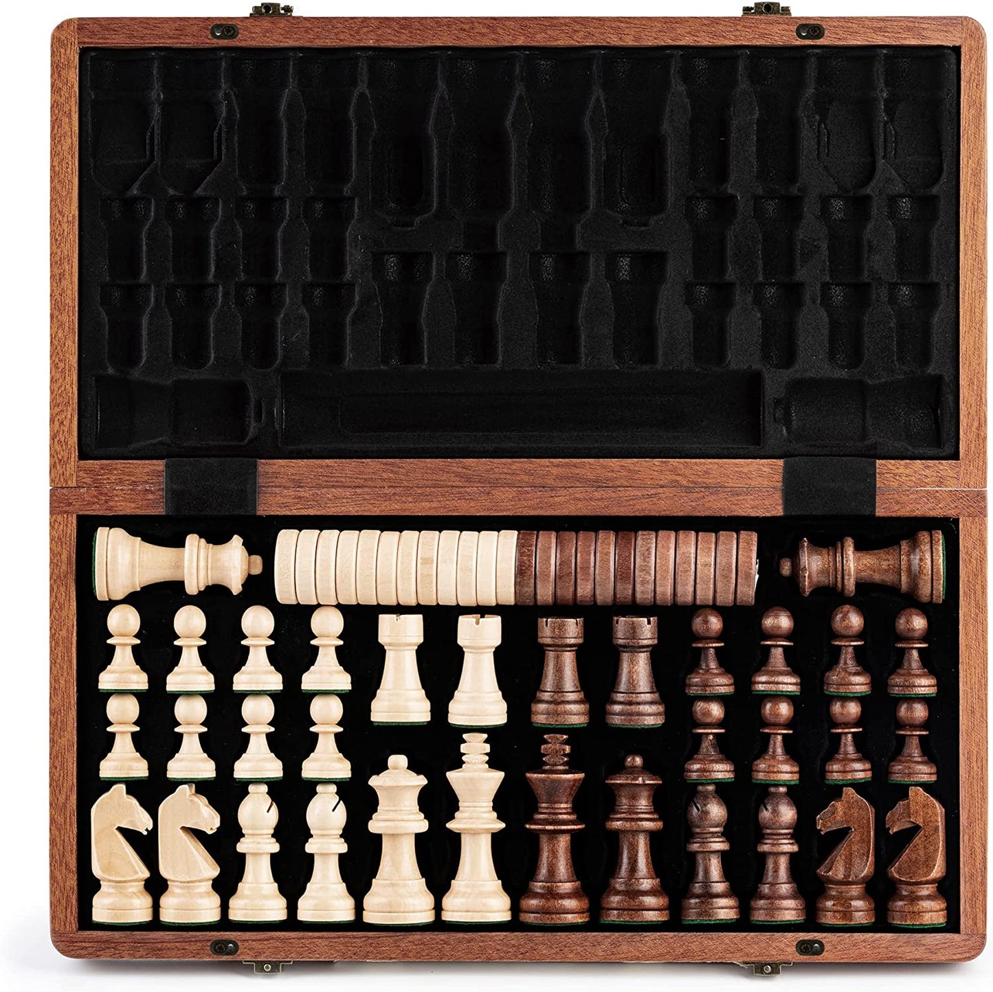 15-Inch Wood Chess and Checkers Set, Mahogany and Maple Inlays