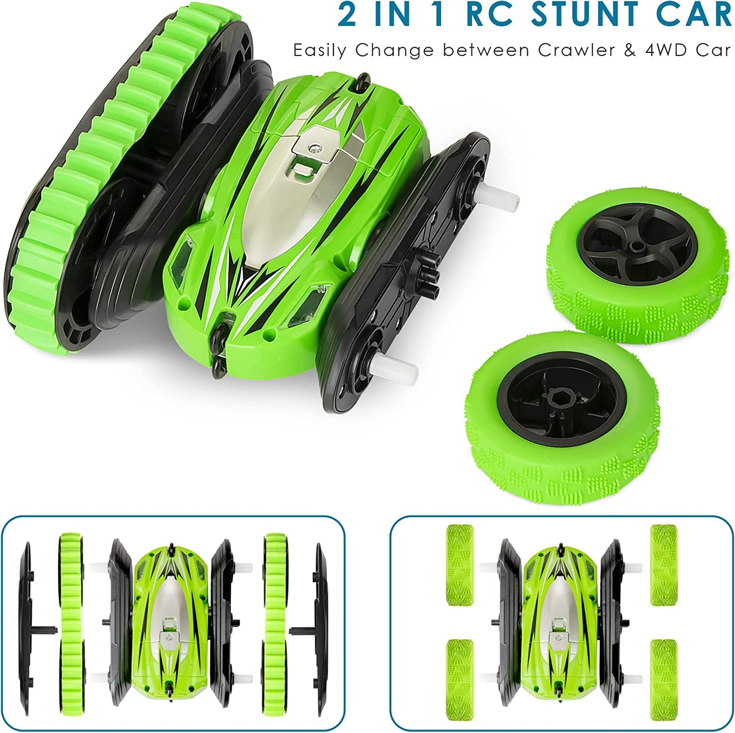 2-in-1 Tracked Remote Control Car Interchangeable Tires Green