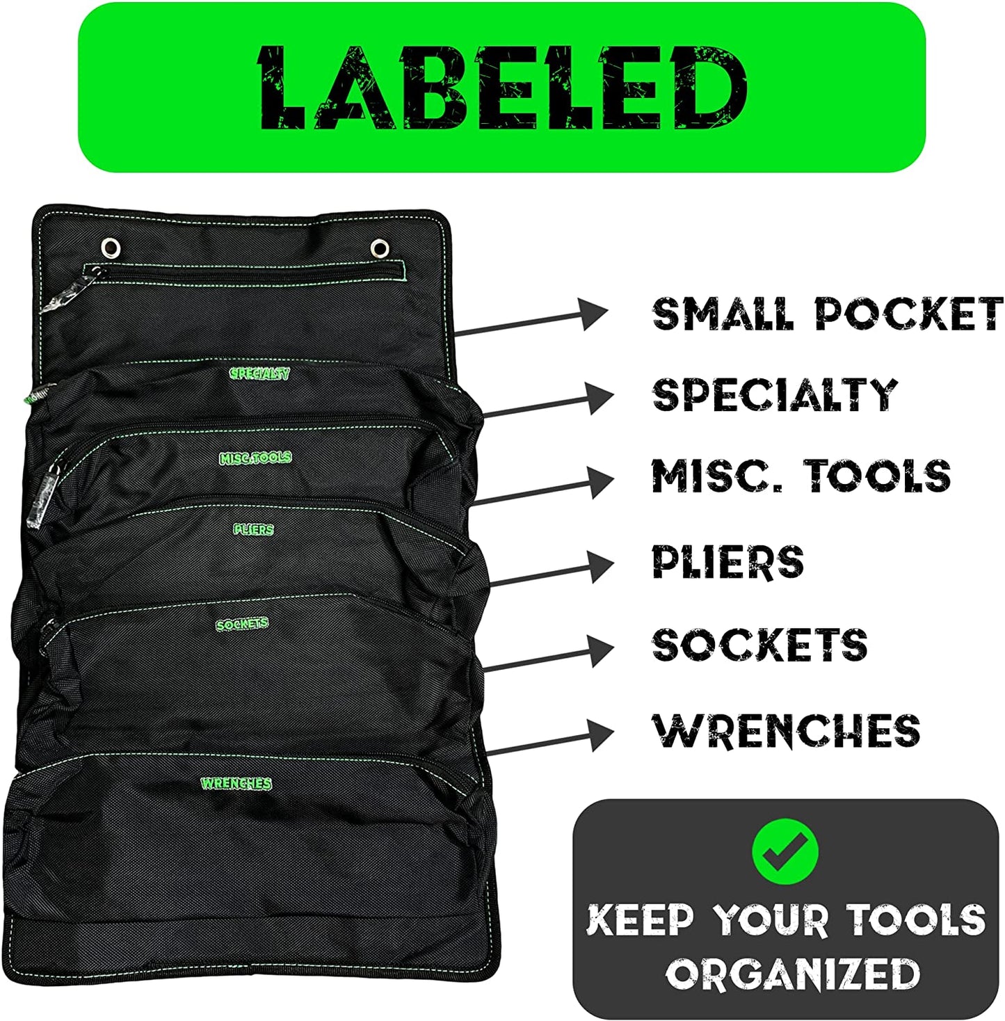 Tool Organizer Bag, 15 x 13 x 1 Inches, Green/Black