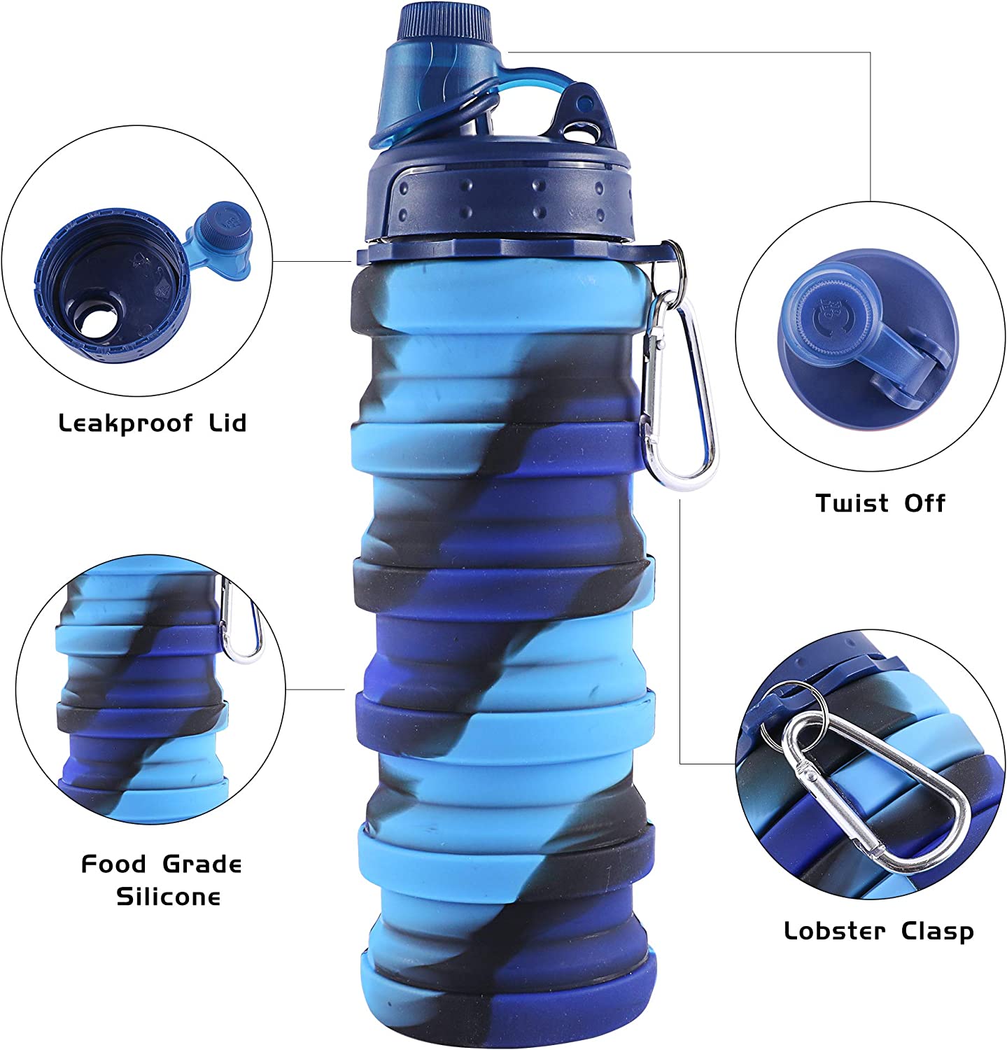 Collapsible, reusable water bottle made of silicone, Color: Blue