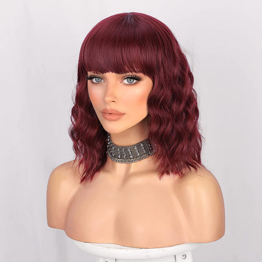 Curly wine red wig with bangs