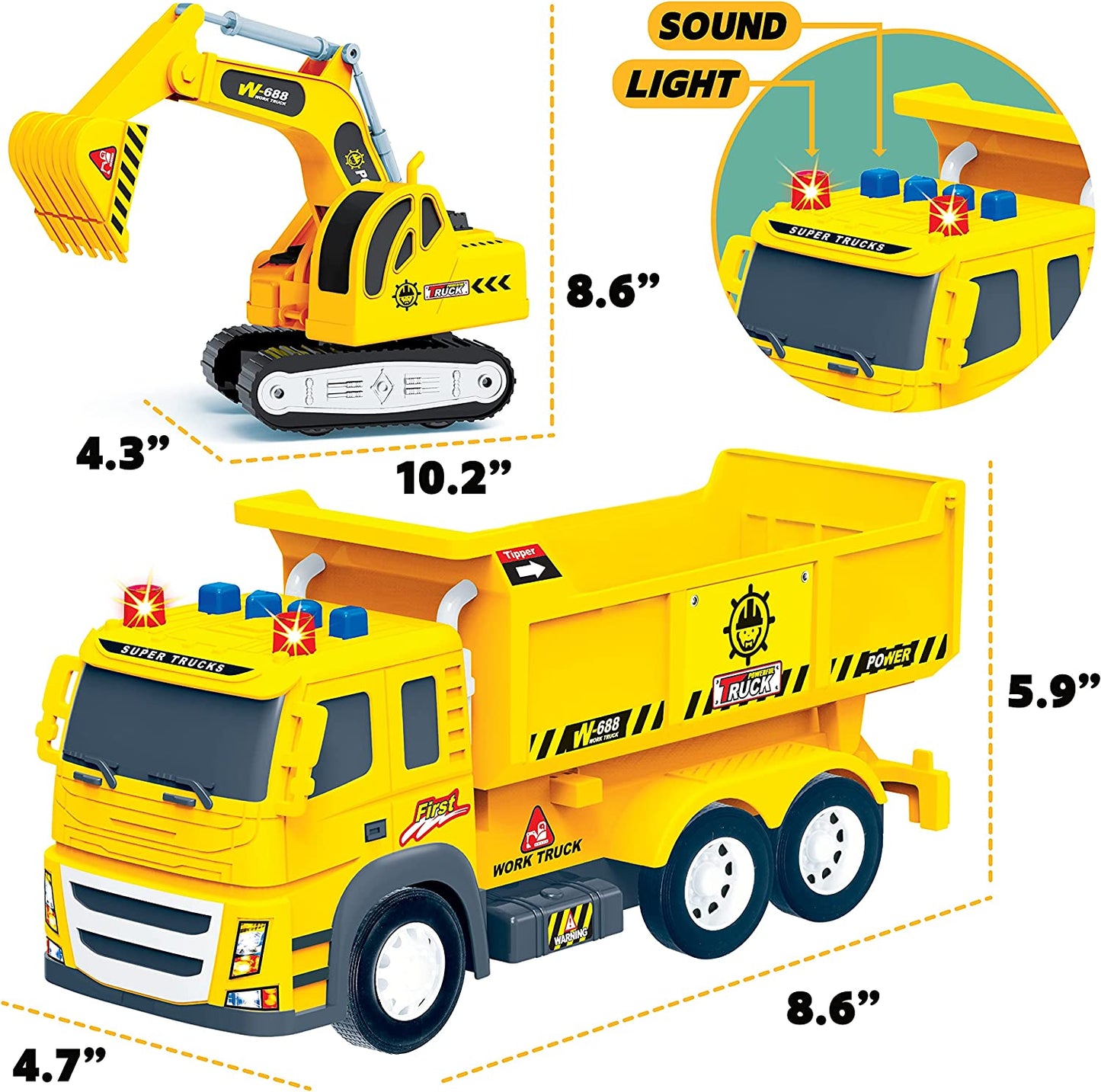 2-Pack Construction Toy Trucks, Dump Truck with Excavator Tractor