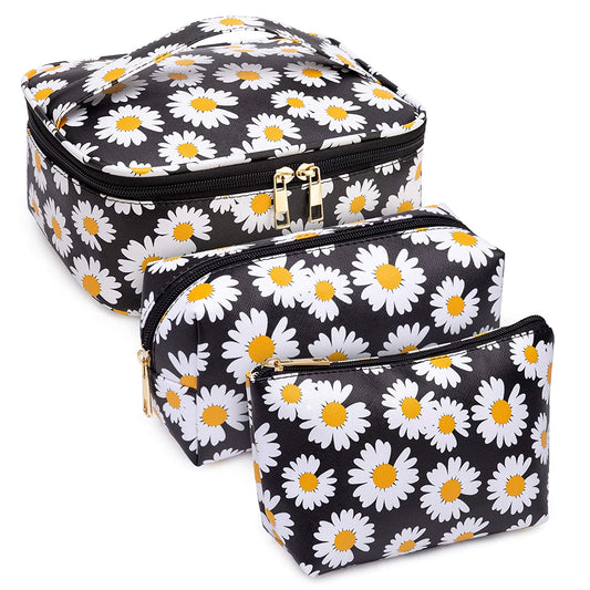 3-Piece Portable Makeup Bag, Waterproof Flower, Black