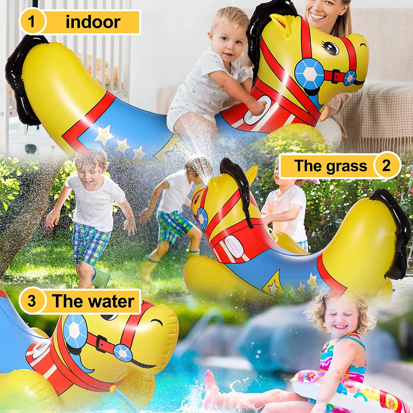 Inflatable Pool Floats, 3 in 1 Horse, Color Yellow