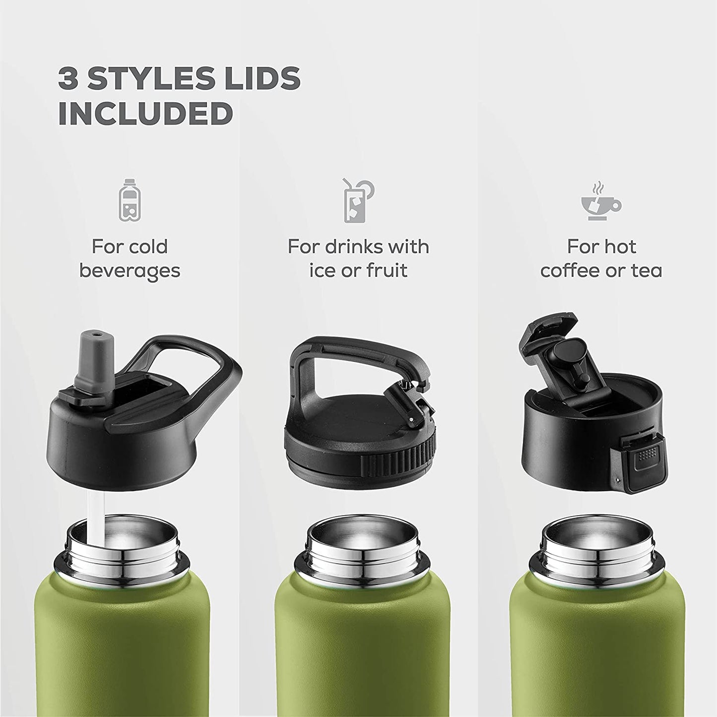 Insulated Water Bottle, 3 Lids - Olive Green (40oz)