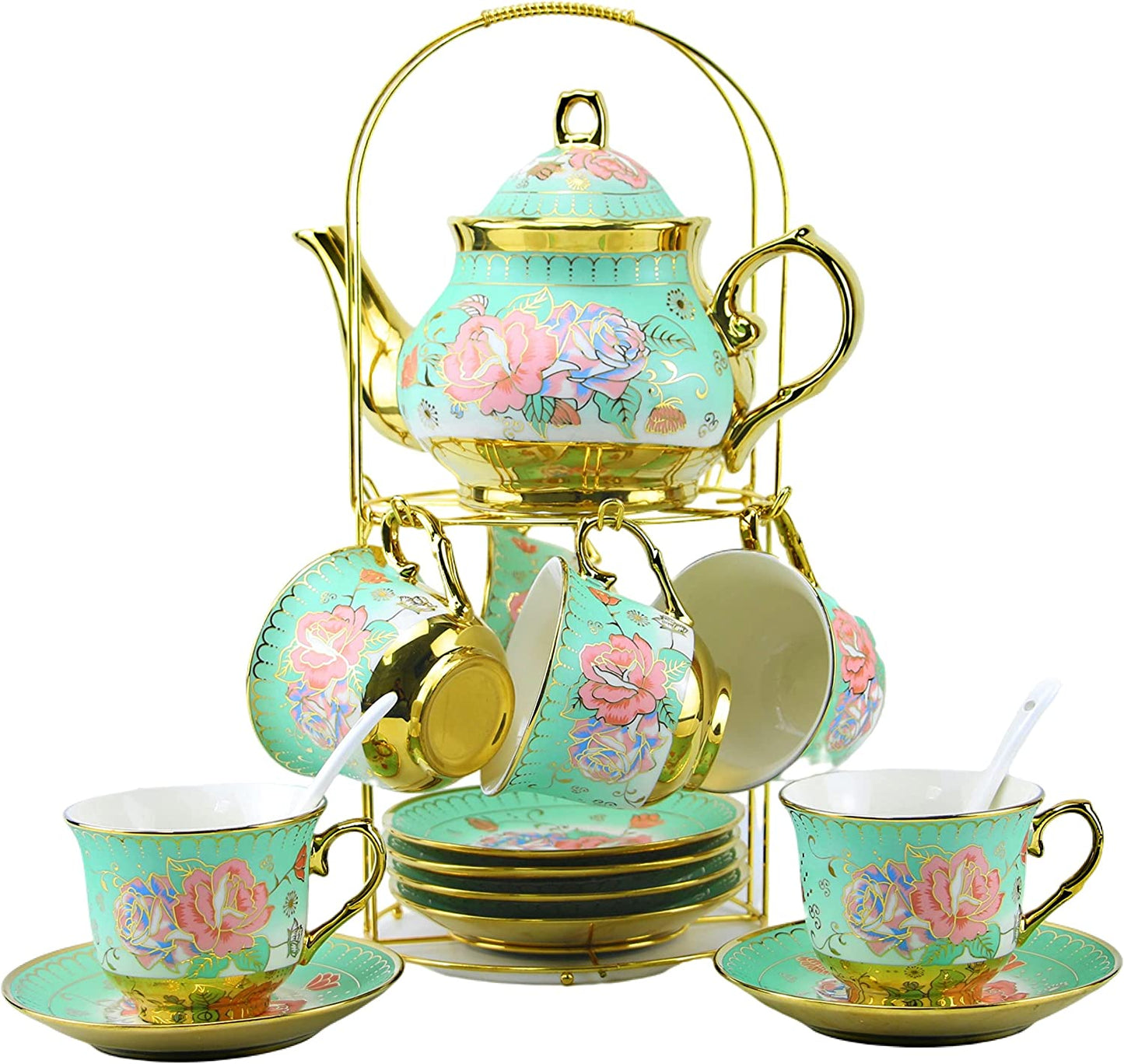 20-Piece Porcelain Tea Set with Metal Stand, Large Green