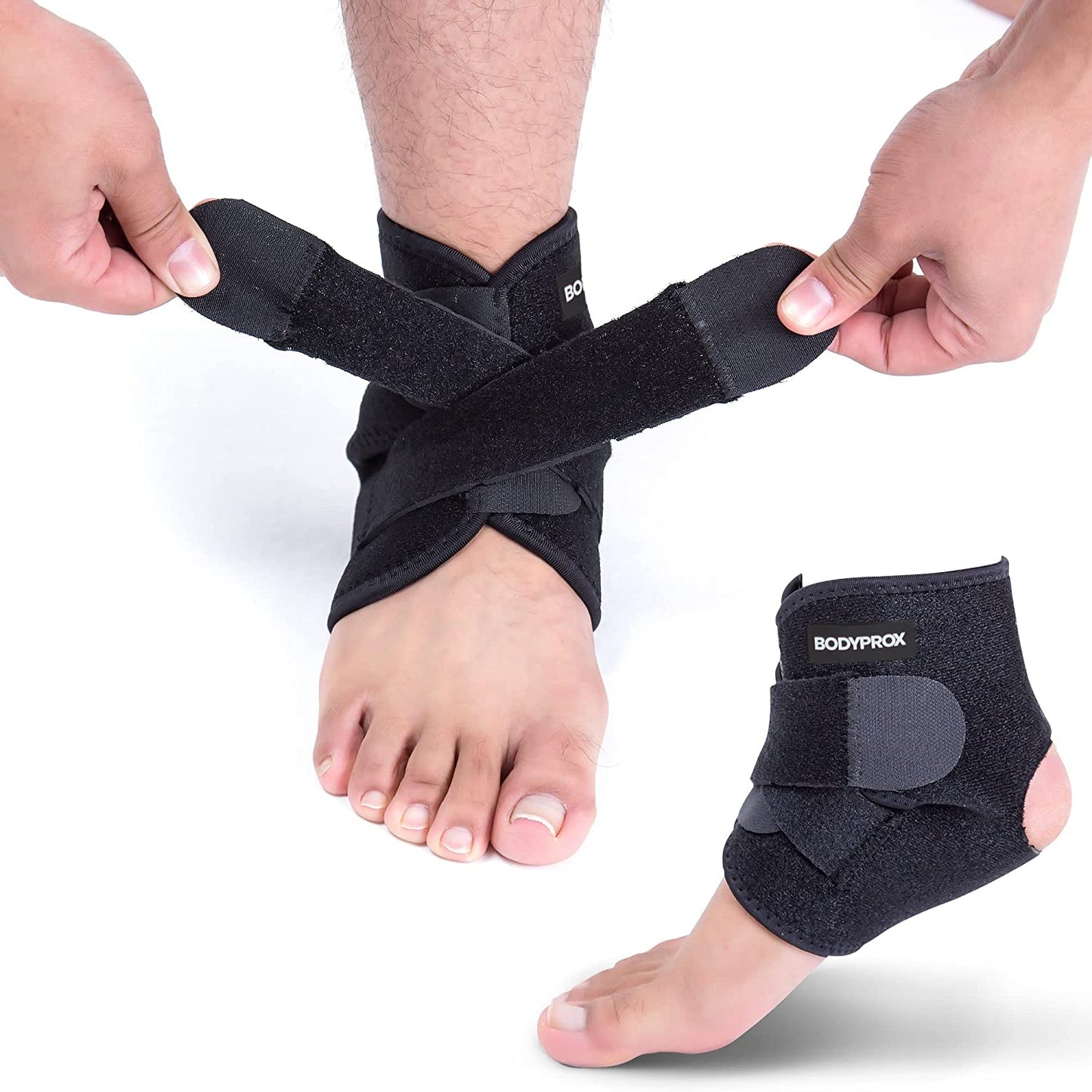 Ankle support, breathable neoprene sleeve, adjustable wrap.