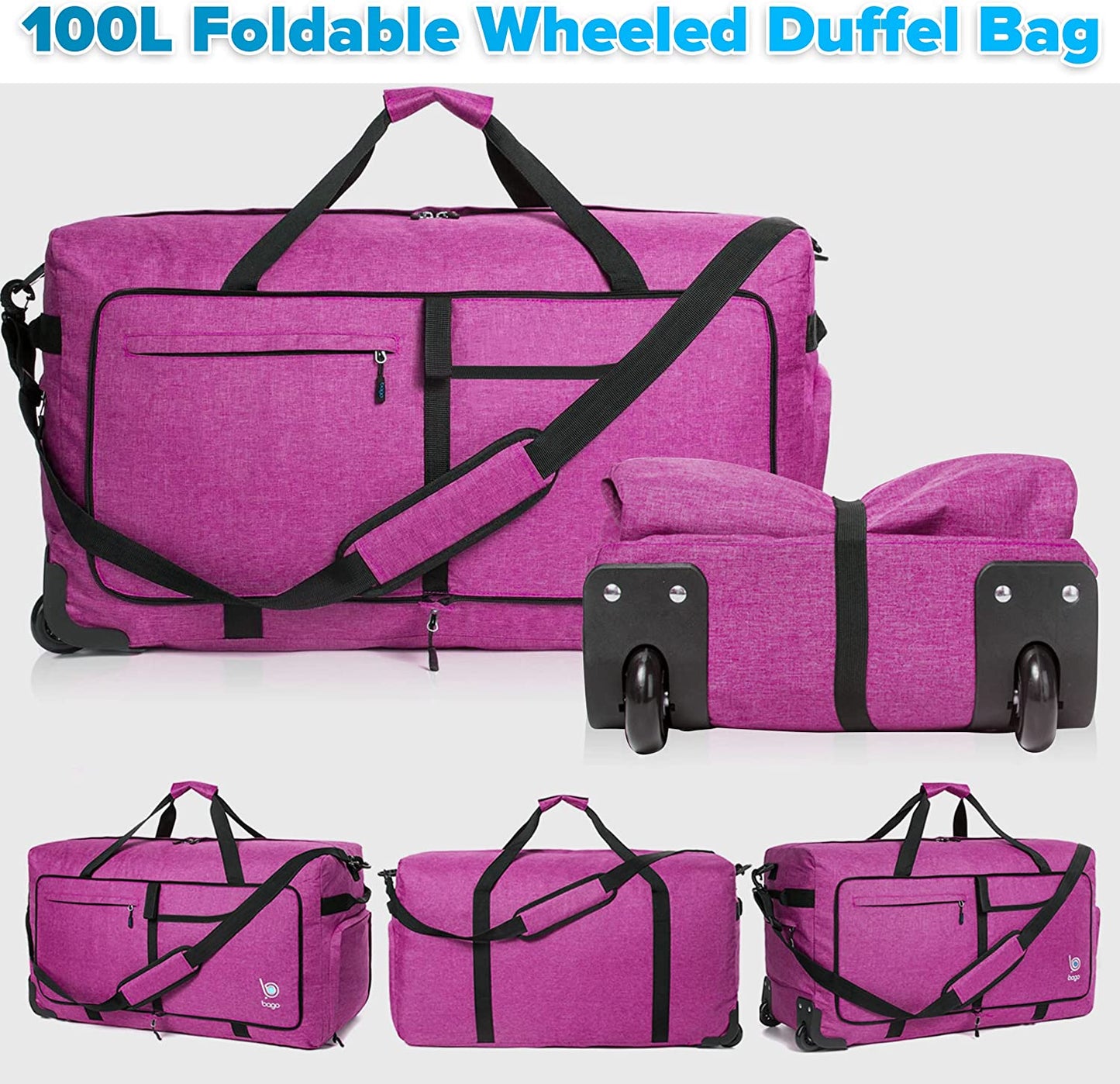 100L 30" Wheeled Duffel Bag, Snow Purple