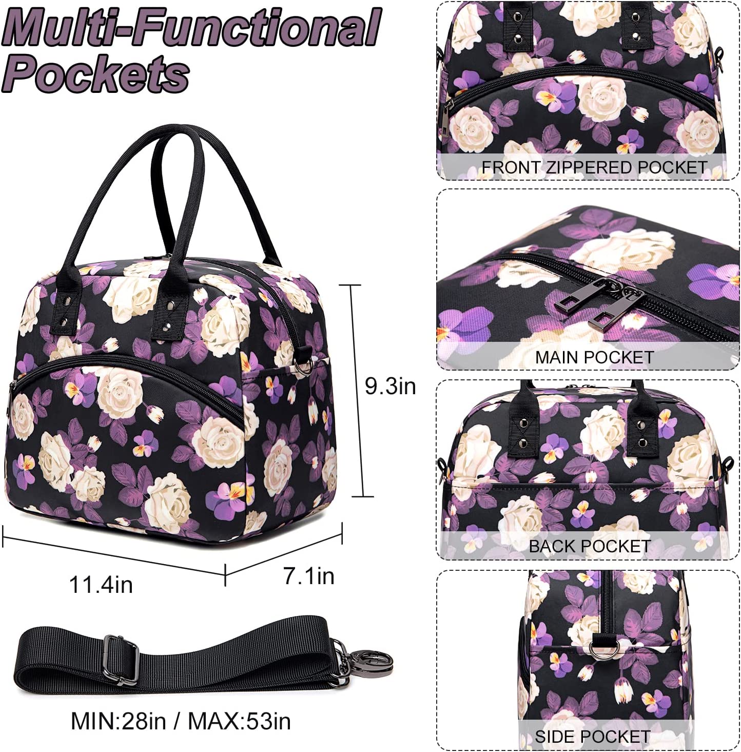 Adjustable Strap Insulated Lunch Bag - Purple Leaf