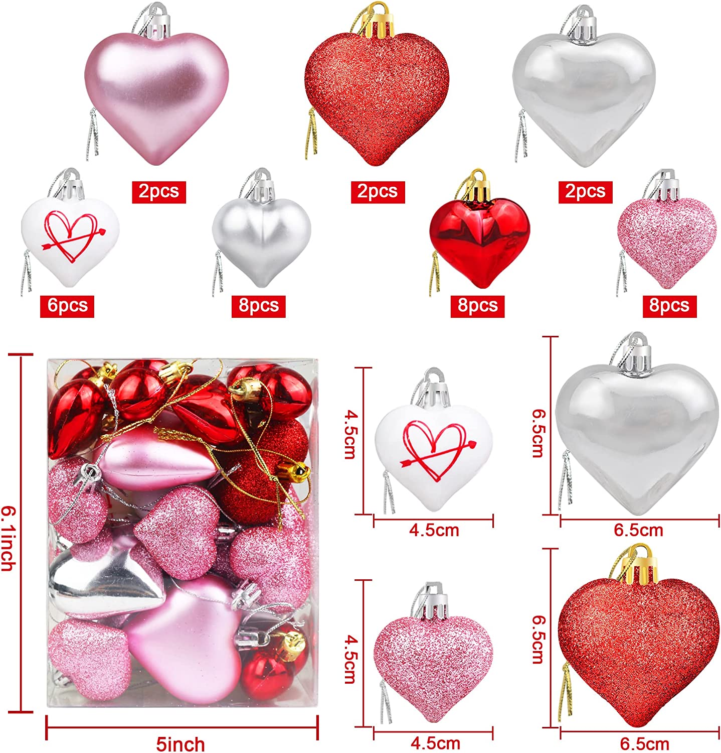 36 Heart Shaped Ornaments for Valentine's Day with 2 Sizes