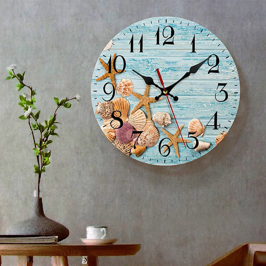 Wood Wall Clock, Vintage Blue Wood Seashells (12 Inch)